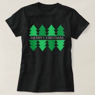 Simple Merry Christmas Green Tree Design Black T-Shirt