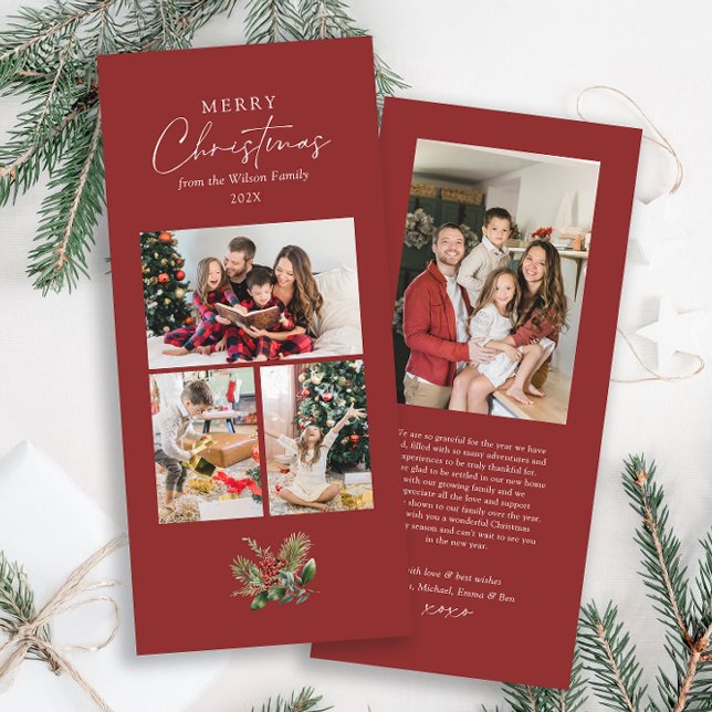 Simple Merry Christmas Greenery Photo Collage Holiday Card (Customise with your own photos for a special and unique card to share with your loved ones!)