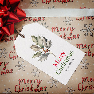 Simple Merry Christmas Holly Red Green Gift Tags