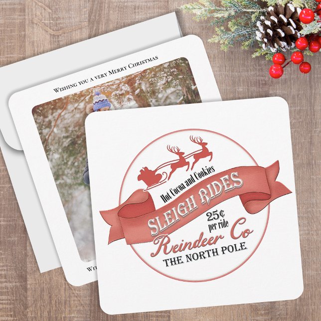 Simple Merry Christmas One Photo  Invitation (This cute Christmas photo card with a vintage North Pole Sleight Rides Sign)