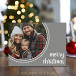 Simple Merry Christmas Photo Polka Dot Border Holiday Postcard<br><div class="desc">A farmhouse grey with a circle photo frame. Use a horizontal photo for this design. PHOTO TIP: If you upload your pictures and they don't fit, click on the CUSTOMIZE THIS button. It might take a little patience, but you can move and resize your photo. You can also change and...</div>