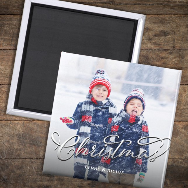 Simple Merry Christmas Photo Template Magnet (Merry Christmas holiday photo magnet with silver calligraphy script. )