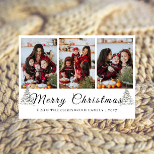 Simple Merry Christmas Pine Tree family 3 photo Holiday Card