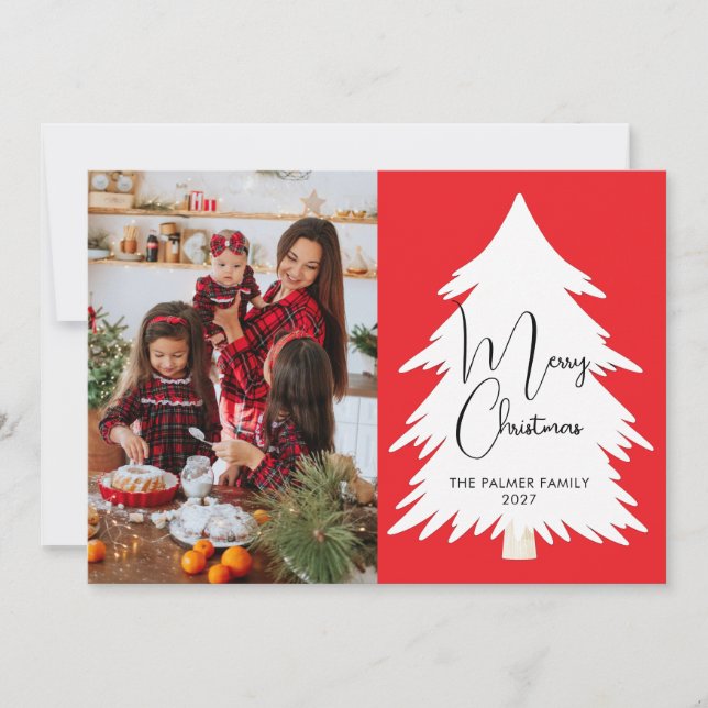 Simple Merry Christmas Pine Tree family photo Holiday Card (Front)