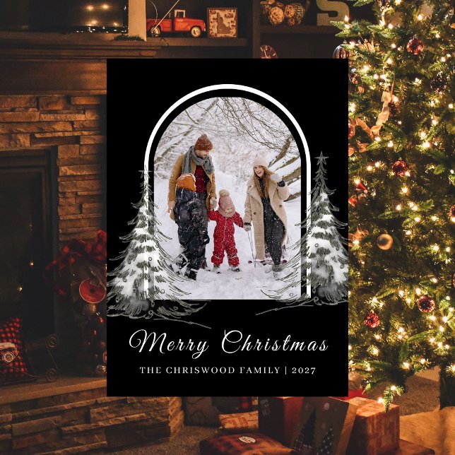 Simple Merry Christmas Pine Tree family photo Holiday Card (Creator Uploaded)