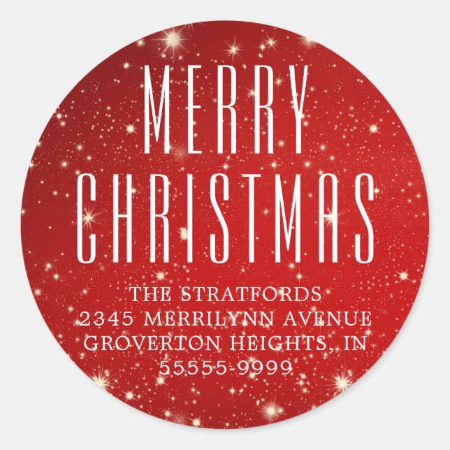 Simple MERRY CHRISTMAS Red Return Address Classic Round Sticker (Front)