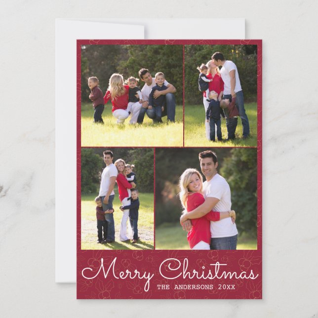 Simple Merry Christmas Script 4 Photo Collage Holiday Card (Front)