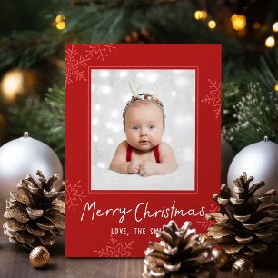 Simple Merry Christmas Script Snowflakes Photo Holiday Card