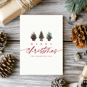 Simple Merry Christmas Watercolor Tree Script  Holiday Card