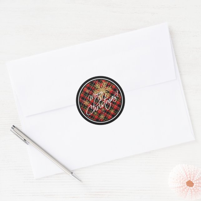 Simple Merry Christmas Wish Tartan Pattern Classic Round Sticker (Envelope)