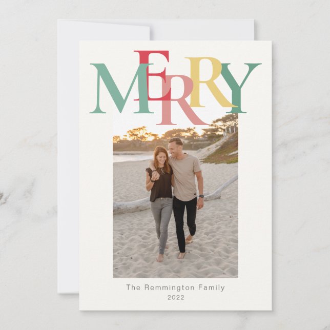 Simple Merry Photo Flat Red Green Yellow Holiday Card (Front)