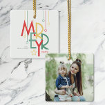 Simple Merry Photo Red Yellow Ceramic Ornament<br><div class="desc">These 2.75" x 2.75" square ceramic ornaments feature the word "Merry" in a vintage deco style font,  with modern minimalist ornaments. Add your name and year.</div>