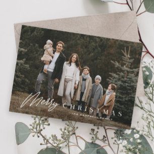 Simple Merry Script 3 Photo Christmas Holiday Card