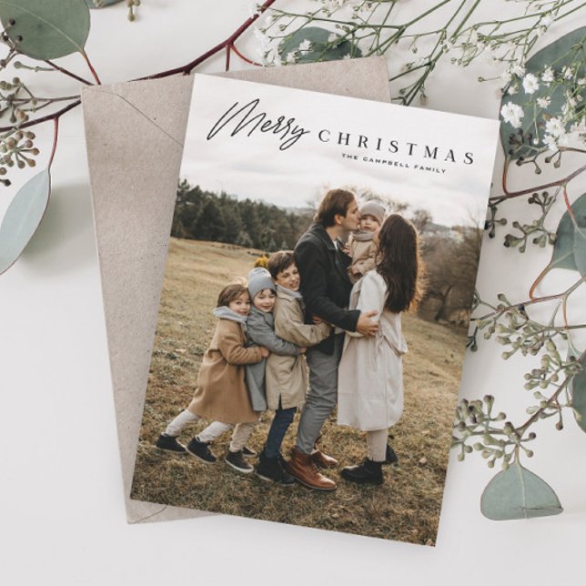Simple Merry Script 3 Photo Christmas Holiday Card (Simple black typography 2 photo Christmas holiday card.)