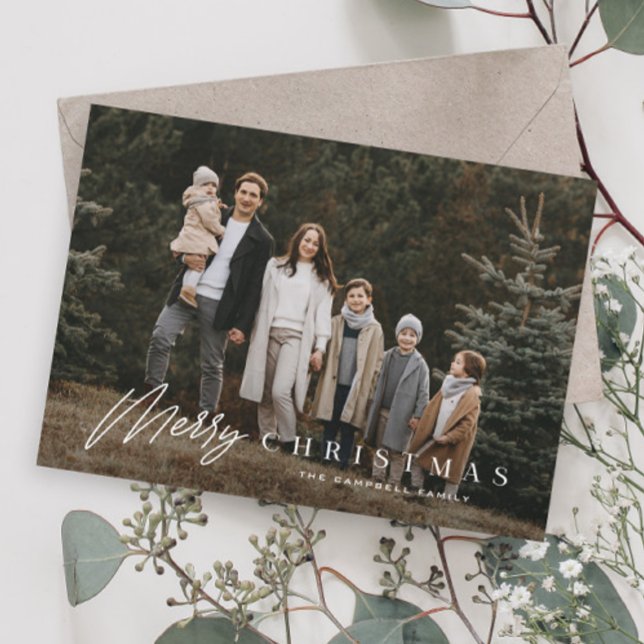 Simple Merry Script 3 Photo Christmas Holiday Card (Simple Merry Christmas Photo Holiday Card with modern handwritten script overlay typography.)