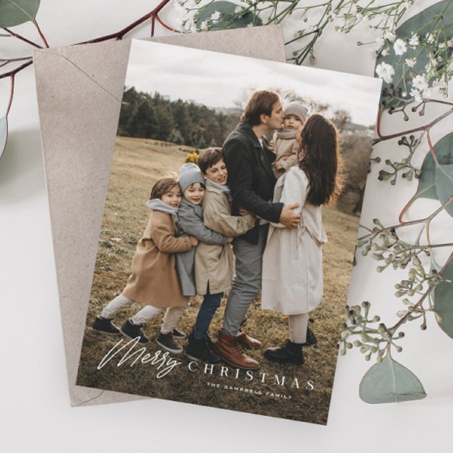 Simple Merry Script 3 Photo Christmas Holiday Card (Simple merry christmas script photo christmas holiday cards.)