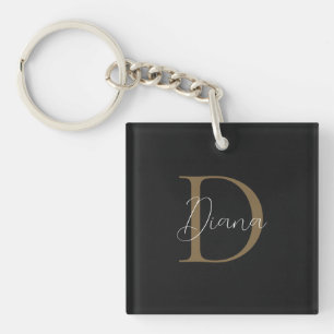 Simple Midnight Black Mossy Gold Script Monogram Key Ring
