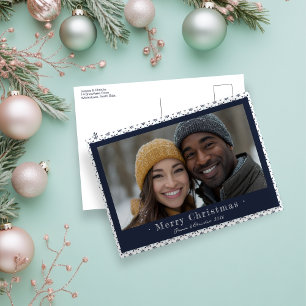 Simple Midnight Blue Snowflake Christmas Photo  Holiday Postcard