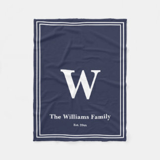 Simple Midnight Blue White Monogram & Name Fleece Blanket