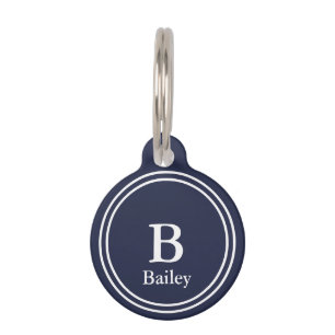Simple Midnight Blue & White with Name & Monogram Pet Tag