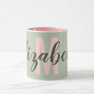 Simple Military Light Green Blush Pink Monogram Mug