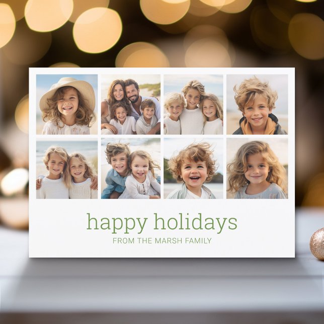 Simple Minimal - 8 Photo - Zen Arch Green White Holiday Card (Modern Holiday Greeting Card with a Family Photo)