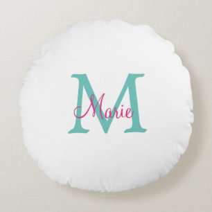 simple minimal add name monogram green pink blue t round cushion