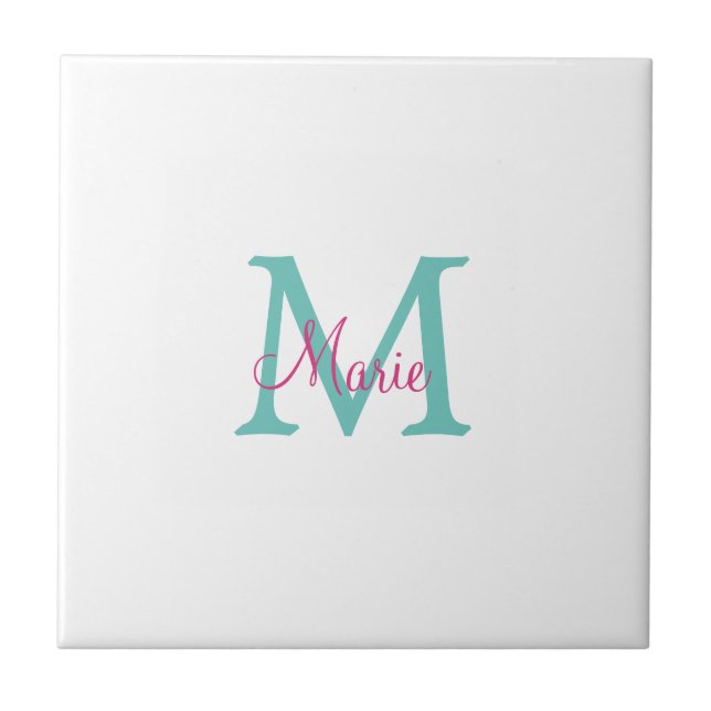 simple minimal add name monogram green pink blue t tile (Front)