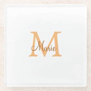 simple minimal add name monogram orange brown thr glass coaster