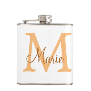 simple minimal add name monogram orange brown thr hip flask