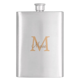 simple minimal add name monogram orange brown thr hip flask