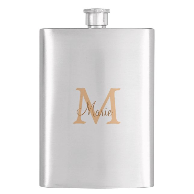 simple minimal add name monogram orange brown  thr hip flask (Front)