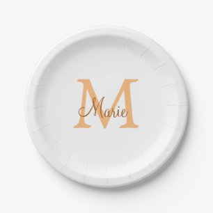simple minimal add name monogram orange brown  thr paper plate