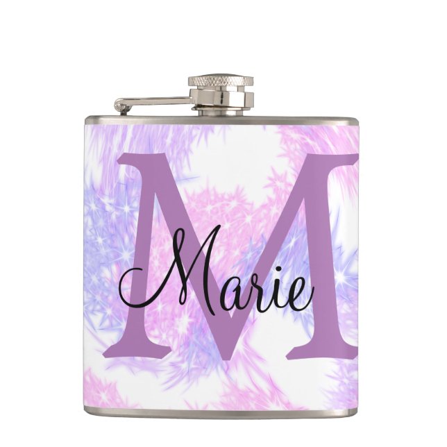 simple minimal add name monogram pink red glitter  hip flask (Front)