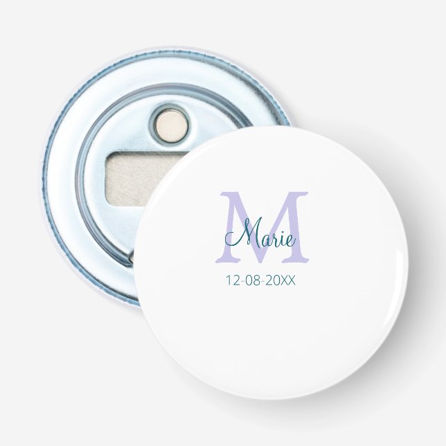simple minimal add name monogram purple green date bottle opener (Front)