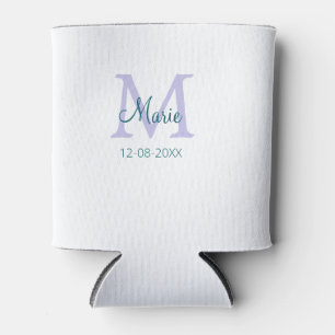 simple minimal add name monogram purple green date can cooler