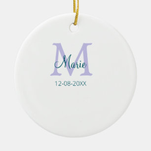 simple minimal add name monogram purple green date ceramic tree decoration