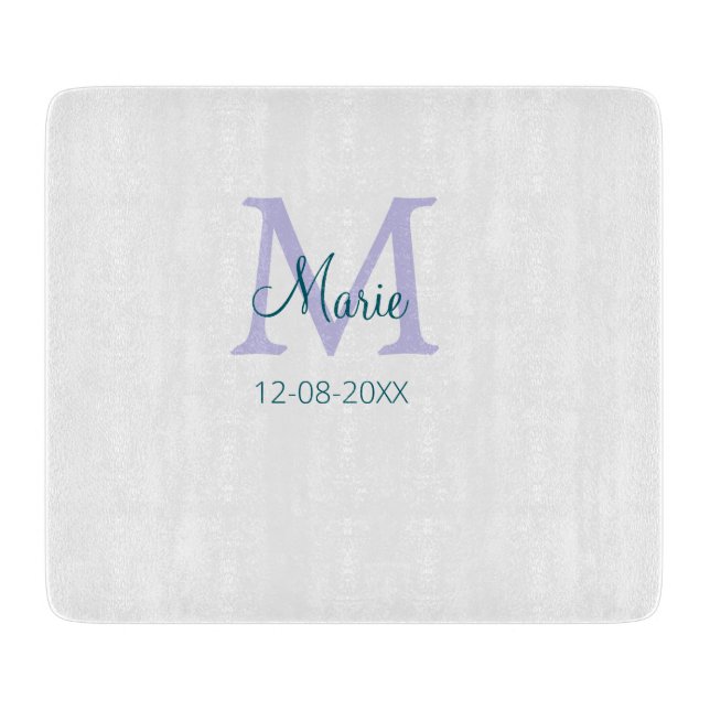simple minimal add name monogram purple green date cutting board (Front)