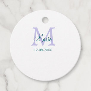 simple minimal add name monogram purple green date favour tags