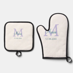 simple minimal add name monogram purple green date oven mitt & pot holder set