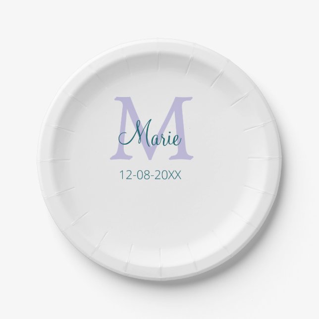 simple minimal add name monogram purple green date paper plate (Front)