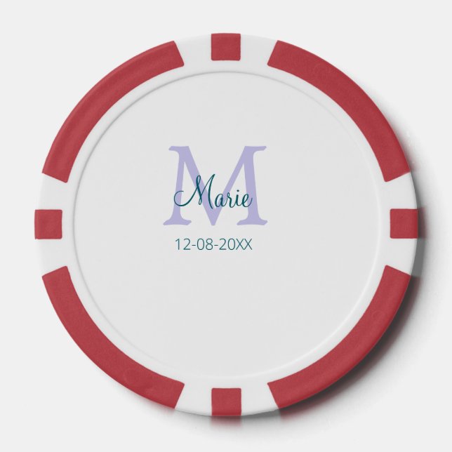 simple minimal add name monogram purple green date poker chips (Front)