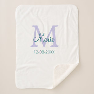 simple minimal add name monogram purple green date sherpa blanket