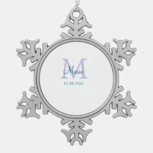 simple minimal add name monogram purple green date snowflake pewter christmas ornament