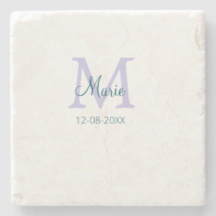 simple minimal add name monogram purple green date stone coaster