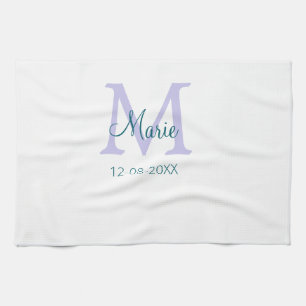 simple minimal add name monogram purple green date tea towel