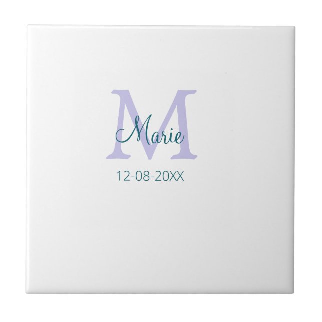 simple minimal add name monogram purple green date tile (Front)
