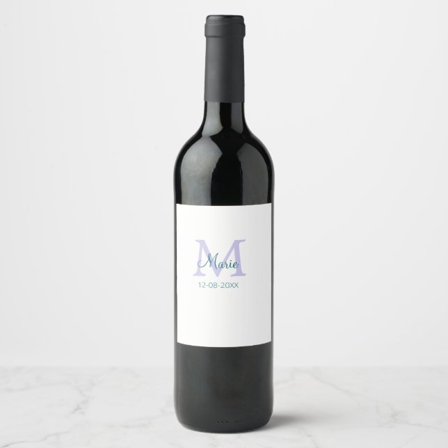 simple minimal add name monogram purple green date wine label (Front)
