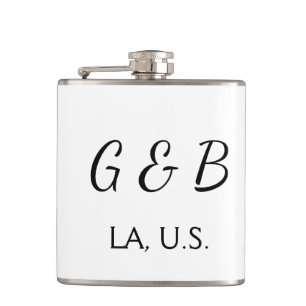 SIMPLE MINIMAL add your couple name city name text Hip Flask