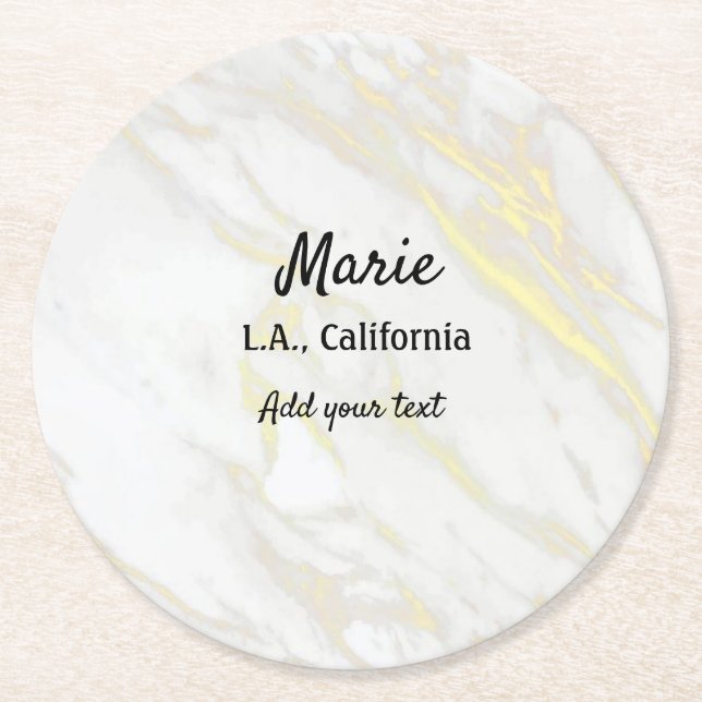 simple minimal add your name city text marble   st round paper coaster (Front)